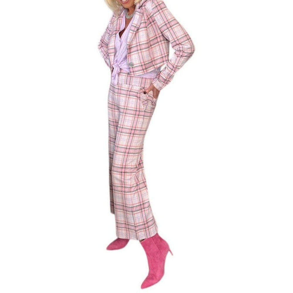 Cabi Medium Playtime  Blazer Cropped Pant Set Barbie Core Pink Plaid Knit $318